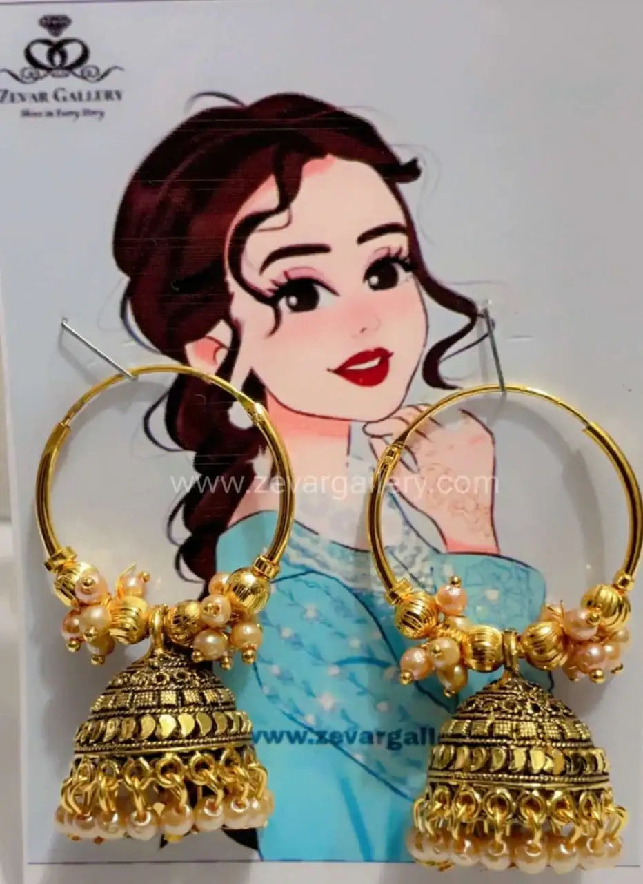 Jhumka Earrings with Light Peach , Pink Pearls and Golden Bali