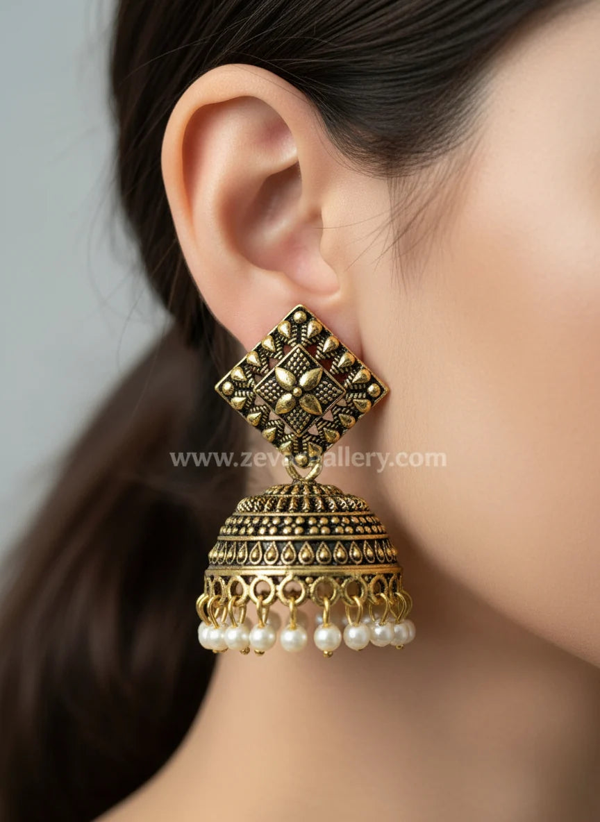 Festive Partywear Antique Gold Jhumka Earrings with Pearl Detailing
