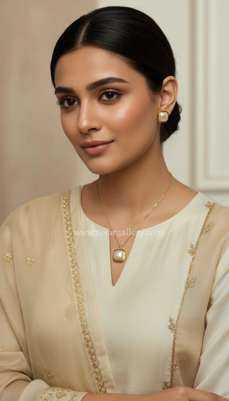 Minimalist pearl square jewelry set for women, necklace and stud earrings by Zevar Gallery