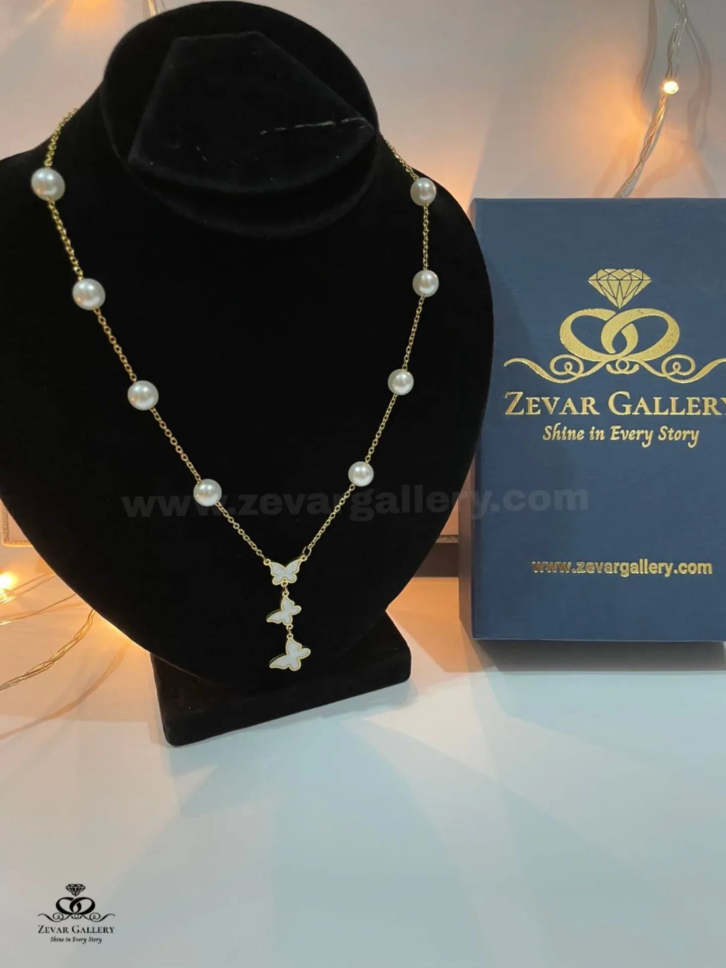 Zevar Gallery pearl and golden butterfly stainless steel necklace – elegant, waterproof and anti-tarnish design
